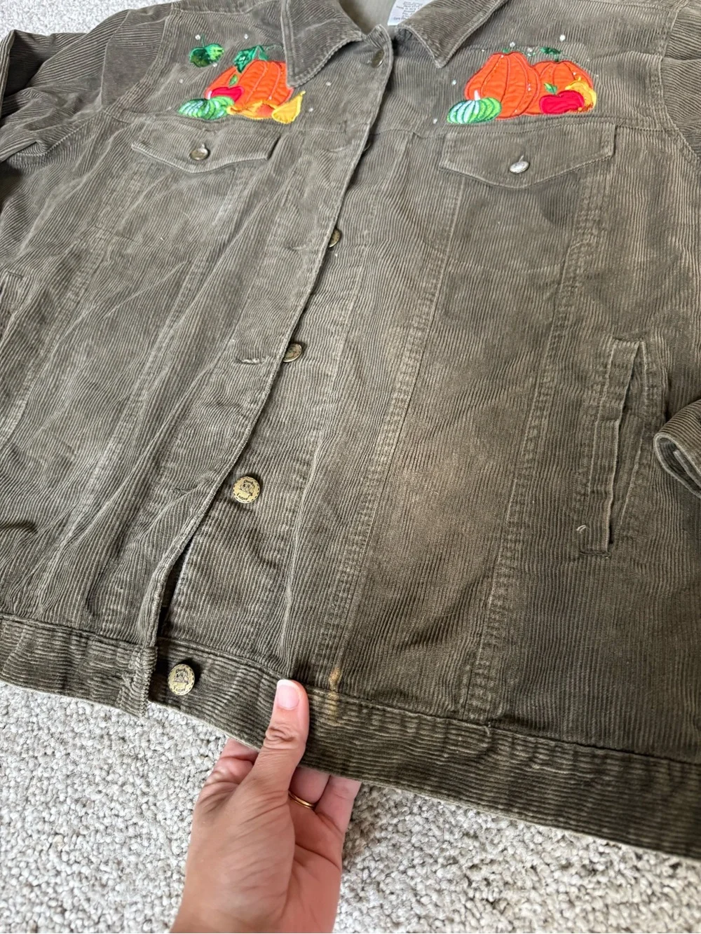 Vtg Quacker Factory Brown Corduroy Embroidered Thanksgiving Cornucopia Jacket 2X